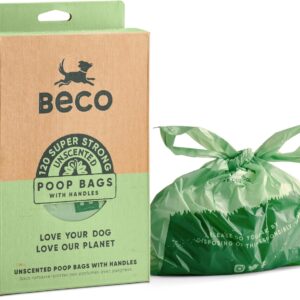 Beco Strong & Large Poop Bags - 120 Loose packed with Tie Handles - Box Dispenser - Unscented Dog Poo Bags