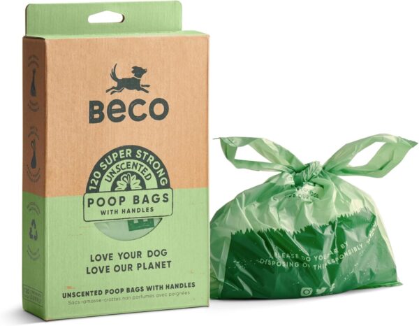 Beco Strong & Large Poop Bags - 120 Loose packed with Tie Handles - Box Dispenser - Unscented Dog Poo Bags