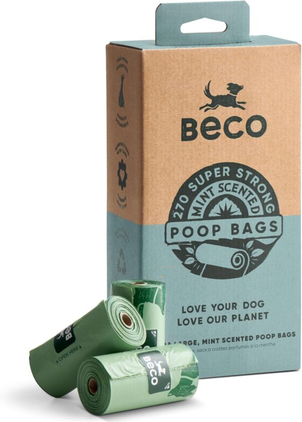 Beco Strong & Large Poop Bags - 270 Bags (18 Rolls of 15) - Mint Scented - Dispenser Compatible Dog Poo Bags