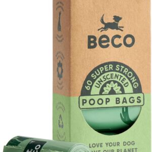 Beco Strong & Large Poop Bags - 60 Bags (4 Rolls of 15) - Unscented - Dispenser Compatible Dog Poo Bags