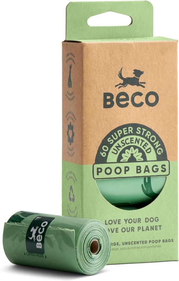 Beco Strong & Large Poop Bags - 60 Bags (4 Rolls of 15) - Unscented - Dispenser Compatible Dog Poo Bags