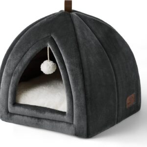 Bedsure Cat Cave Bed Igloo - Small Cat Tent Bed House with Removable Washable Cushion Pillow Foldable Portable Pet Bed, Dark Grey, 38x38x38cm