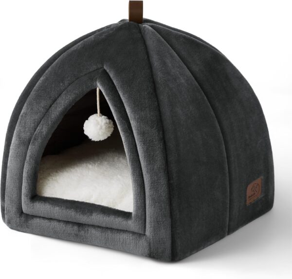 Bedsure Cat Cave Bed Igloo - Small Cat Tent Bed House with Removable Washable Cushion Pillow Foldable Portable Pet Bed, Dark Grey, 38x38x38cm