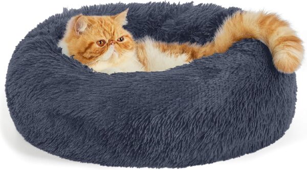 Bedsure Dog Bed Donut Bed - Washable Cat Beds for Indoor Cats Large, Fluffy Calming Kitten Bed for Small Dog and Puppy, Grey, 50x50x16cm