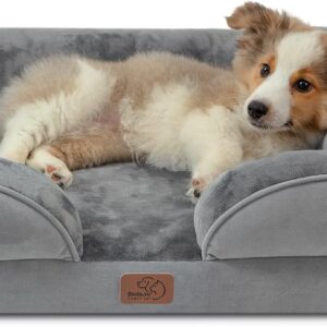 Bedsure Medium Dog Sofa Bed - Washable Orthopedic Dog Beds and Couch with Removable Flannel Zipper Cover, Puppy Beds for Small Dogs, Grey, 71x58x16cm, Seat Size: 48x47cm