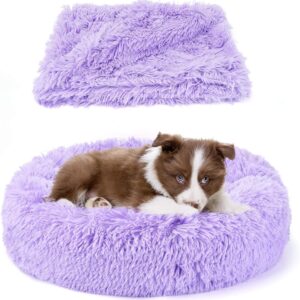 Belababy Dog Cat Donut Bed with Soft Blanket, Calming Dog Cat Bed Small with Soft Plush, Puppy Bed Dog Beds with Fluffy Cuddler, Anti Anxiety Dog Bed with Anti-Slip Bottom (XS, Purple)