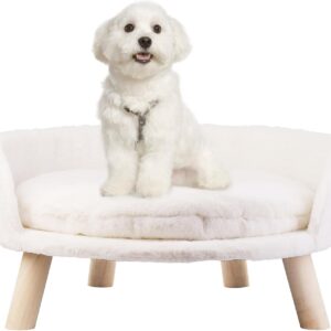 BingoPaw Cat Sofa Chair Bed: Elevated Nordic Pet Stool Bed with Removable Waterproof Mat - Raised Plush Fur Dog Kitten Couch with Wooden Legs Frame (Dia 60cm)