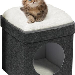 Bonlife Cat-House for Indoor Cats - Foldable Felt Pets Bed Cave Kennel,Cat Condo with Lids,Cat Hideaway Warm Comfortable,Dark Grey,32X32X39CM