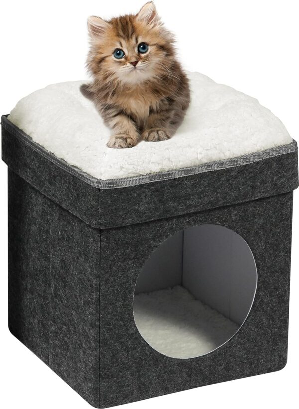 Bonlife Cat-House for Indoor Cats - Foldable Felt Pets Bed Cave Kennel,Cat Condo with Lids,Cat Hideaway Warm Comfortable,Dark Grey,32X32X39CM