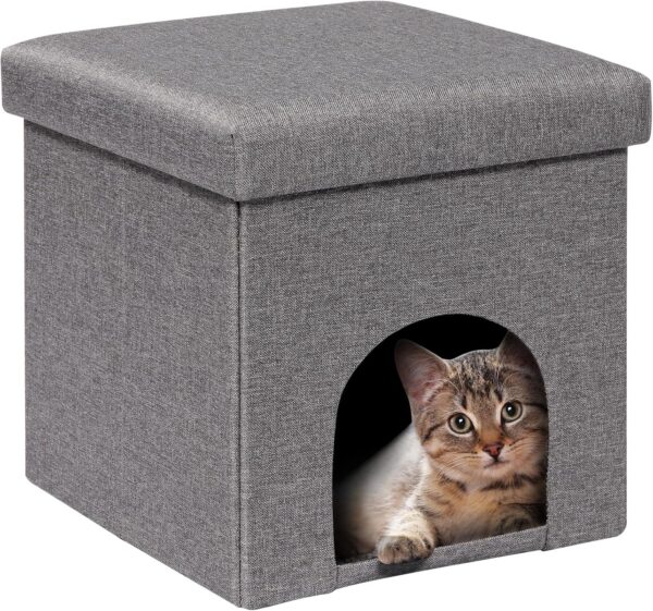 Bonlife Cat Ottoman Bed Box,Folding Cat Cave Beds for Indoor Cats,Cat House Winter Pet Kennel,Footstool Seat with Lid,32x32x32cm,Grey