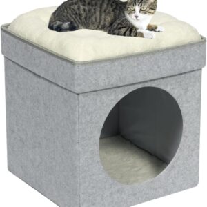 Bonlife Felt Cat House Indoor,Foldable Pets Bed Small Cave Kennel with Two Move Cushion,Winter Dog Bed Warm Comfortable,Light Grey,32X32X39CM