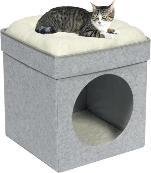 Bonlife Felt Cat House Indoor,Foldable Pets Bed Small Cave Kennel with Two Move Cushion,Winter Dog Bed Warm Comfortable,Light Grey,32X32X39CM