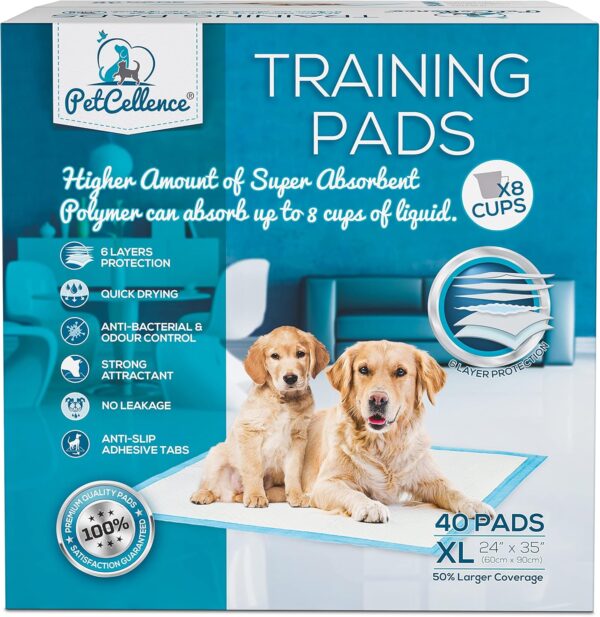 Boom! PetCellence Puppy Pads 40 Pack - 60 x 90cm Extra Large Dog Training Pads with Anti-Slip Tabs! Super Absorbent, Leak-Proof Pee Mat - Eliminate Odour & Mess!