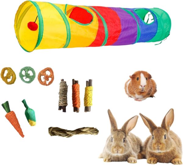 Bunny Tunnel Shape I Rabbit Tunnel Toys, Pet Toys Play Tunnels for Cats Kittens Rabbits Puppies Crinkle Pop Up Rainbow 45 with 9 Chew Toys (Rainbow)