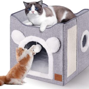 CATISM Foldable Cat House, Cat Bed 2 Layer Large Cat Cave for Pet with Scratching Board and Fluffy Ball for Small Medium Pets Indoor