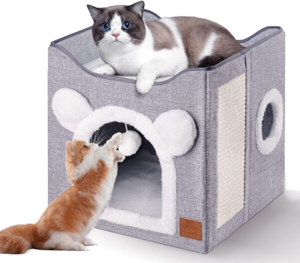 CATISM Foldable Cat House, Cat Bed 2 Layer Large Cat Cave for Pet with Scratching Board and Fluffy Ball for Small Medium Pets Indoor