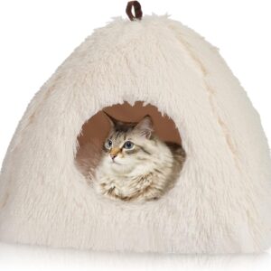 CATISM Pet Tent Cave Bed Plush for Cats Small Dogs with Washable Removable Pads Pillow Cat Bed Cave House Triangle Cat Nest House Large Cat Nesting Bed Anti-slip Cat Igloo Cave Bed White