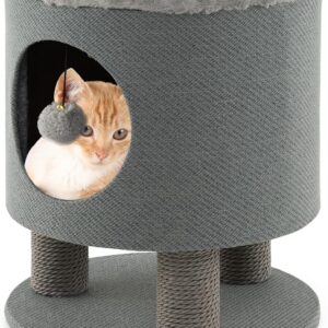 COSTWAY Cat Bed Ottoman, 3 in 1 Cats Cave Sleeping House with Scratching Posts, Hanging Ball, Kitten Condo Furniture Footstool, 40 x 40 x 47cm (Grey)