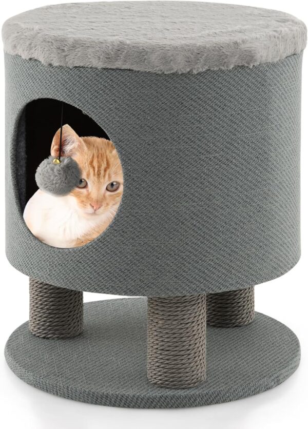 COSTWAY Cat Bed Ottoman, 3 in 1 Cats Cave Sleeping House with Scratching Posts, Hanging Ball, Kitten Condo Furniture Footstool, 40 x 40 x 47cm (Grey)