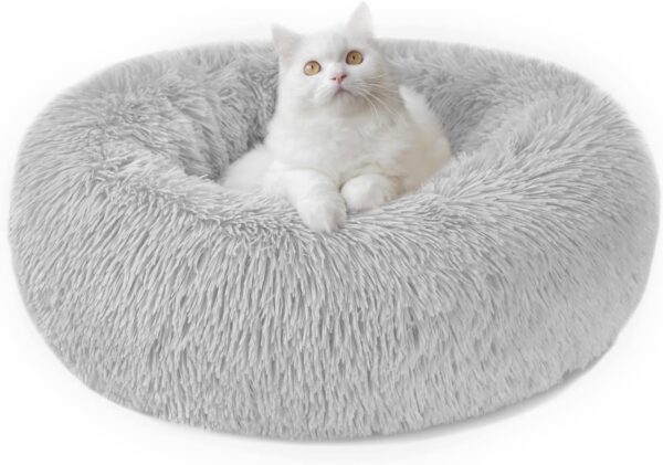 Calming Dog Cat Donut Bed - 19.7in Fluffy Plush Puppy Kitten Cuddler Round Bed, Warm and Soft Pet Cosy Anti Anxiety Beds with Non-Slip Bottom and Washable (M-50CM, Grey)