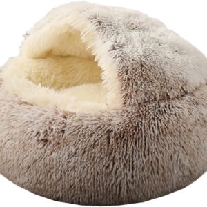 Cat Bed Round Fluffy Hooded Cat Bed Cave with Non-collapsed Plush Cover,Cat Bed Donut for Indoor Cats, Faux Fur Cuddler Round Comfortable Self Warming pet Bed, Machine Washable, Waterproof Bottom