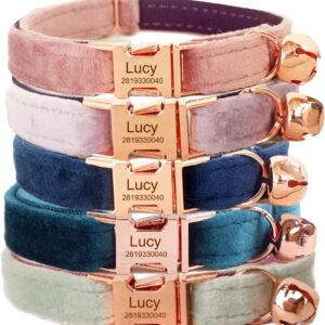 Cat Collar Personalised with Name Tag and Phone Number Engraved for Kitten Puppy (Velvet Rose Gold)