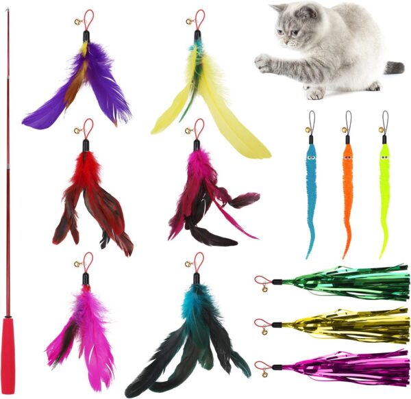 Cat Feather Toys,13 Pcs Interactive Retractable Cat Teaser Wand with Bells,12 Funny Feather Worm Colorful Ribbons Toys Refills with 3 Styles for Indoor Cats Interaction