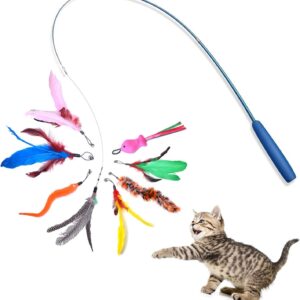 Cat Fishing Rod Toy,Cat Feather Toys With Retractable Teaser Interactive Cat Wand Toys Flirt Pole Cat Toys for Indoor Cats Adult Kitten for Play,Exercise,Activity & Fun 8 Pcs Replacement Refills