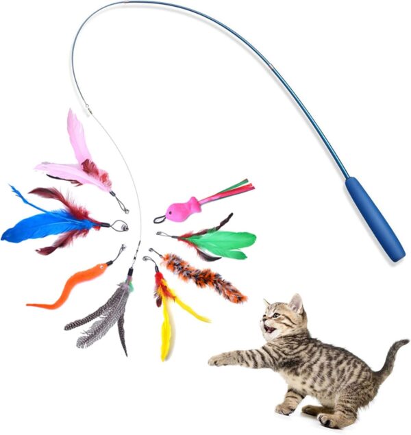 Cat Fishing Rod Toy,Cat Feather Toys With Retractable Teaser Interactive Cat Wand Toys Flirt Pole Cat Toys for Indoor Cats Adult Kitten for Play,Exercise,Activity & Fun 8 Pcs Replacement Refills