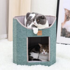 Cat Houses for Indoor Cats,Cat Cave Beds Pet Hideaway,2 Story Cube Condos Cat Sleeping Space,Collapsible Covered Burrowing Cozy Kitten Nest with Fluffy Cushions,Sturdy Structure Cat Play Tower (Green)