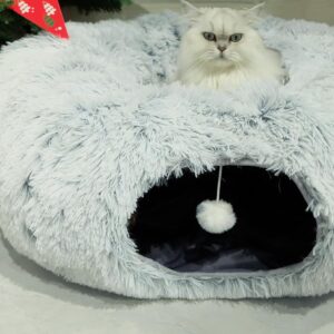 Cat Tunnel Bed for Indoor Cats, collapsible Cat cave tube with Toy Ball and Fluffy Washable Mat,Multifunctional Cat toys and Peepholes for Cat Kitten Rabbit Puppy,Ferret (Greywhite)