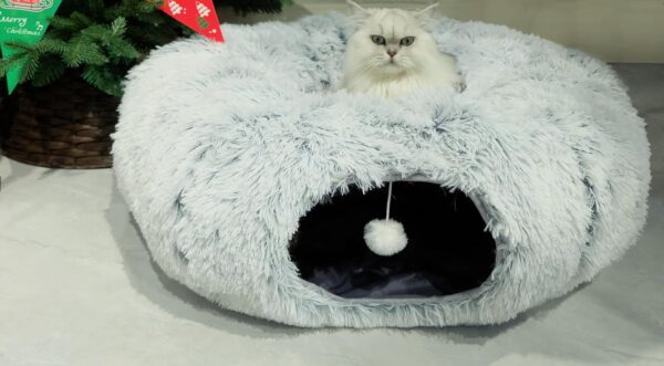 Cat Tunnel Bed for Indoor Cats, collapsible Cat cave tube with Toy Ball and Fluffy Washable Mat,Multifunctional Cat toys and Peepholes for Cat Kitten Rabbit Puppy,Ferret (Greywhite)