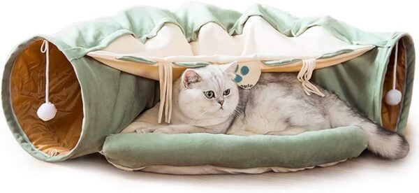 Cat Tunnel Bed with Cushion Mat, Cat Tunnel Toy Play Center with Collapsible Tube and Removable Thick Bed and 2 Hanging Scratching Balls, Peak Hole Hideout House for Cat Puppy Kitten (Green)