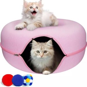 Cherie Bear Donut Design Cat Tunnel Bed for Indoor Cats with 3 Balls, Felt Cat Tunnel Cave Bed with Zipper Design, Interactive Cat Toy for Fun and Comfort, Cozy Hiding Tent for Large Cats and Kittens