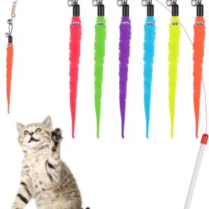 Cobee Cat Toys Wand Replacement, 6pcs Furry Tail Worms with Bells + Cat Fishing Pole Toy, Cat Wand Toy Replacement Refills, Assorted Teaser Refills with Bell for Cat Kitten