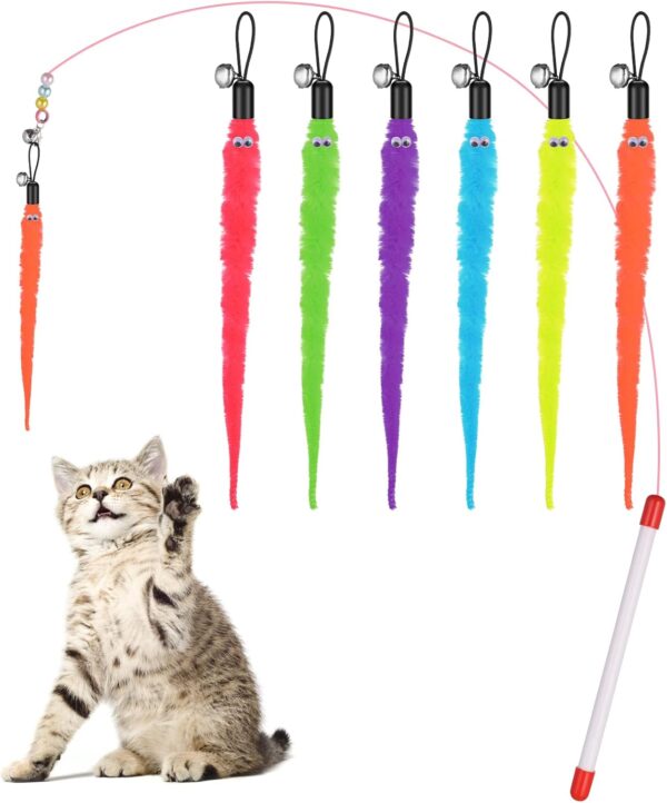 Cobee Cat Toys Wand Replacement, 6pcs Furry Tail Worms with Bells + Cat Fishing Pole Toy, Cat Wand Toy Replacement Refills, Assorted Teaser Refills with Bell for Cat Kitten