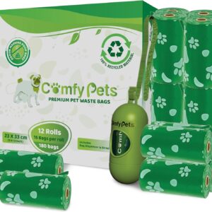 Comfy Pets Poo Bags with Dispenser and Refill Rolls, Guaranteed Leak Proof, Extra Thick Waste Bag for Dogs and Cats 12 Rolls of 15 Bags 180 Count