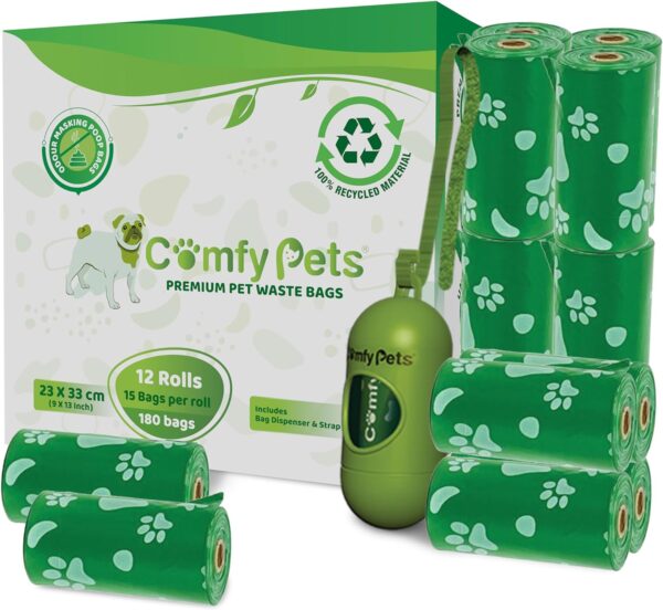 Comfy Pets Poo Bags with Dispenser and Refill Rolls, Guaranteed Leak Proof, Extra Thick Waste Bag for Dogs and Cats 12 Rolls of 15 Bags 180 Count