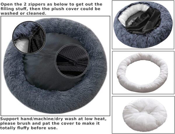 Comlax Calming Donut Dog Beds Small, Round Cushion with Removable Washable Cover, Anti-Anxiety Faux Fur Cuddler, Fluffy Comfy Furry Pet Bed (50cm, Dark Grey)