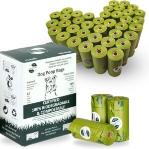 Compostable Poo Bags Cats Rolls 180 Bags, 100% Biodegradable Free of Micro plastic Lavender Scented Poop Bag for Cats and Doggy Eco Waste Bags, EN13432 Certified, Backyard dogs