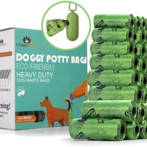 Crown Paws Dog Poo Bags, 540 Poo Bags, 36 Rolls for Dog Waste, includes x1 Adjustable Dispenser,Thick Biodegradable Dog Poop Waste Bag Rolls,100% Leak Proof and Lavender Scented, Green