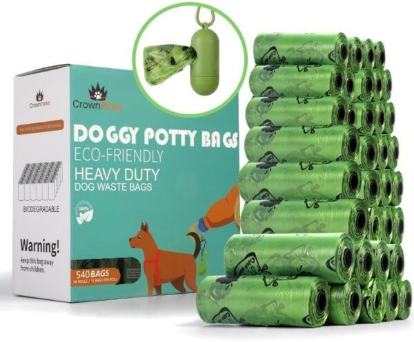 Crown Paws Dog Poo Bags, 540 Poo Bags, 36 Rolls for Dog Waste, includes x1 Adjustable Dispenser,Thick Biodegradable Dog Poop Waste Bag Rolls,100% Leak Proof and Lavender Scented, Green