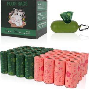 DEVANO – New 600 Counts (40rolls Box) + 1 Dispenser, Lemon Scented, 100% Biodegradable, Extra Thick, Extra Strong, Poop Waste Bags, Recyclable Material, Leak Proof Guaranteed, Pet Poop Bags