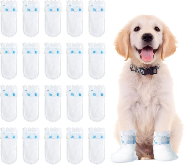 Disposable Dog Shoes,20PCS Disposable Dog Socks Paws Stop Licking with Self Adhesive Bandage,Windproof Dirty Protection Pet Dog Boots Foot Cover for indoor & outdoor Walking (M)