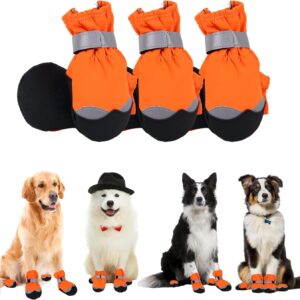 Dog Boots Paw Protector, 4Pcs Waterproof Dog Shoes with Reflective Straps Durable Dog Booties for Injured Paws Nonslip Dog Walking Boots Dog Paw Protector Outdoor for Medium, Large Dogs (5#, Orange)