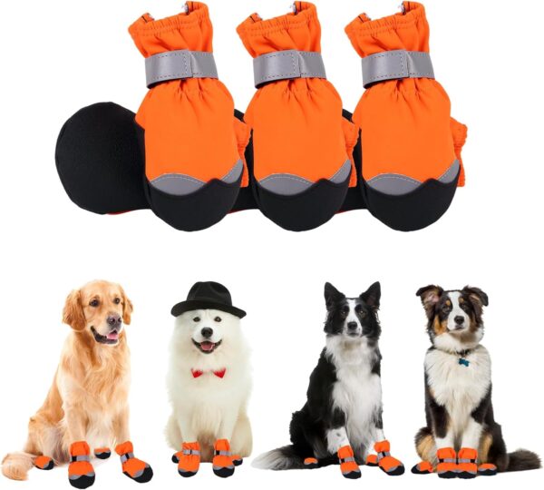 Dog Boots Paw Protector, 4Pcs Waterproof Dog Shoes with Reflective Straps Durable Dog Booties for Injured Paws Nonslip Dog Walking Boots Dog Paw Protector Outdoor for Medium, Large Dogs (5#, Orange)