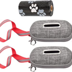 Dog Poop Bags Dispenser, 2pcs Dog Poo Bag Holder with 1roll Garbage Bag, Scratchresistant Pet Waste Bags Dispenser with Lanyard and Metal Hook (Gray)