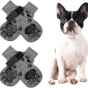 Dog Socks Double Sided Anti-Slip Dog Socks 2 Pairs Adjustable Dog Socks Dog Cat Paw Protector Fit Extra Small to Extra Large Dogs Cats (M, grey)