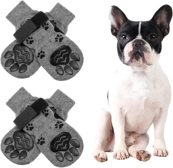 Dog Socks Double Sided Anti-Slip Dog Socks 2 Pairs Adjustable Dog Socks Dog Cat Paw Protector Fit Extra Small to Extra Large Dogs Cats (M, grey)