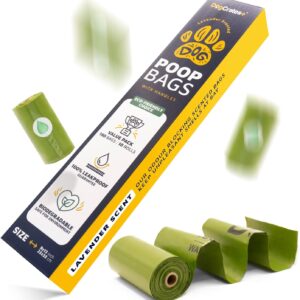 DogCrates+ Dog Poo Bags - 150 Leak Proof and Extra Thick Biodegradable Eco Poop Bags with Tie Handles, 15 Bags on a Roll, 10 Dispenser Refills, Strong Waste Bags, Lavender Scented